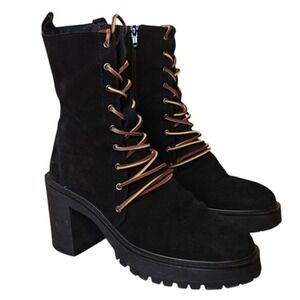 Free People Boots Womens Size 7.5 38 Black Suede Lace Up Lug Sole Block Heel Zip